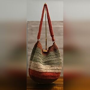Crochet Hobo Bag - Gray & Red
